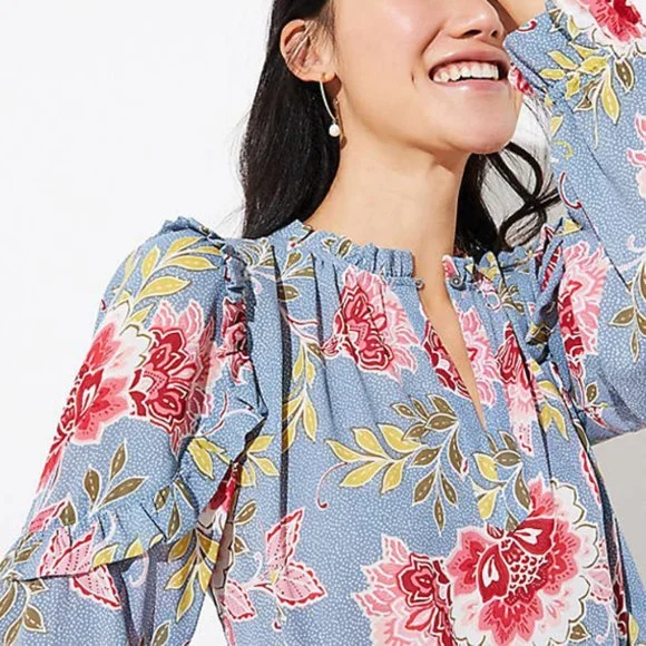 Loft | 'Garden Floral' Ruffle Sleeve Tie-Neck Blouse - Picture 2 of 7